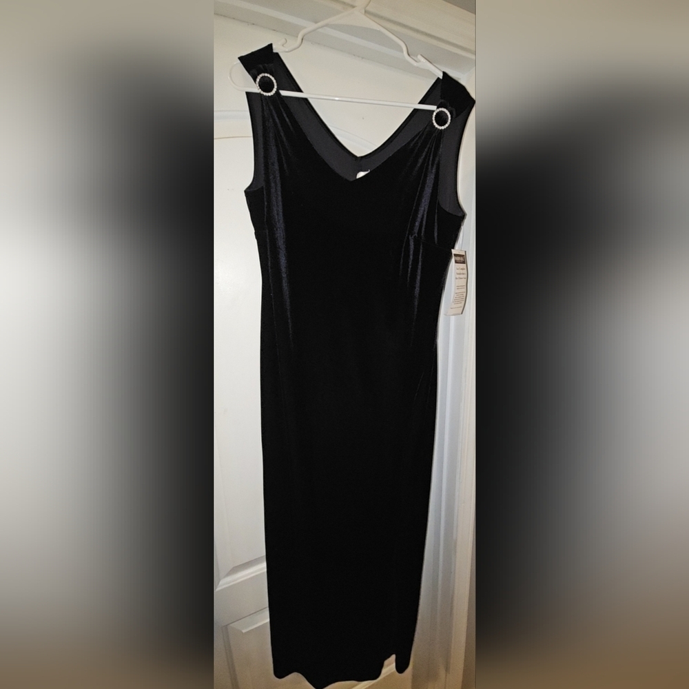 NWT Vintage Fashion Bug Black Velour Maxi Dress/Gown Rhinestone Accents Large